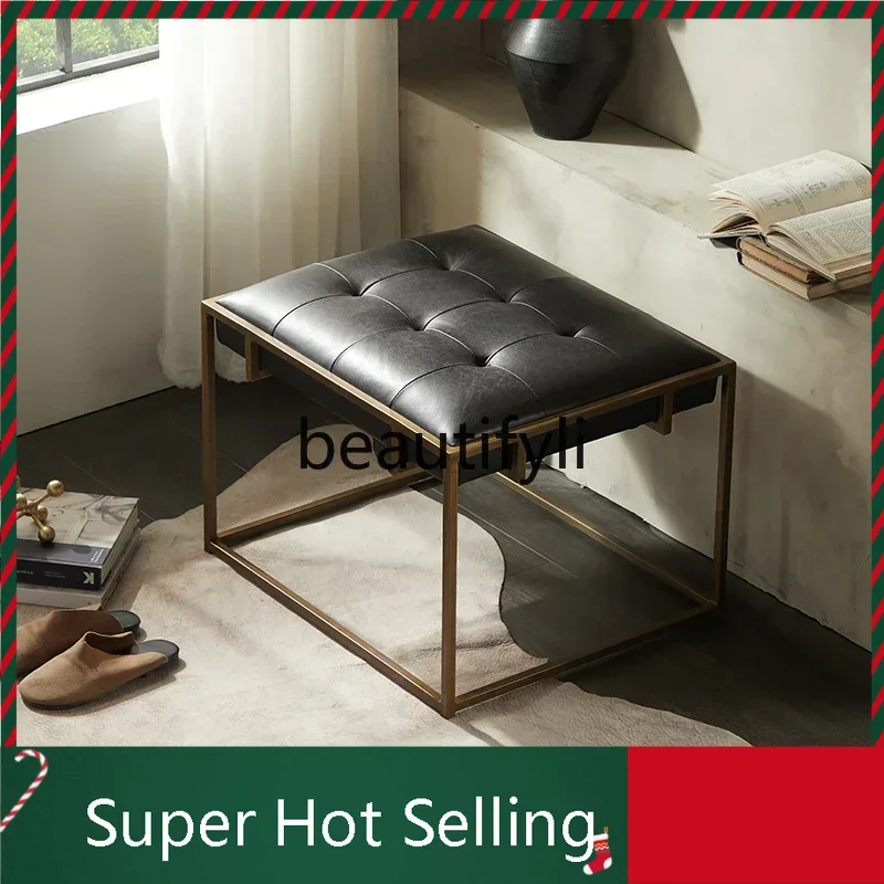 8071  Nordic modern simple retro old wrought iron pier entrance bench all leather shoe changing stool