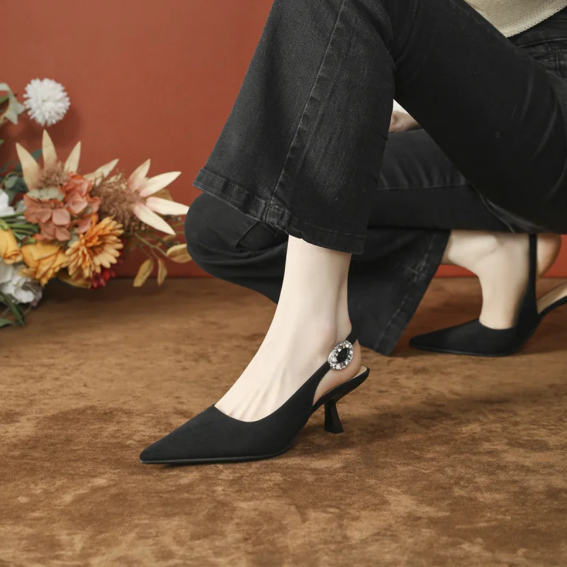 

Spring and summer women's sandals with a single strap, shallow French-style shoes, suede, simple black high-heeled shoes,