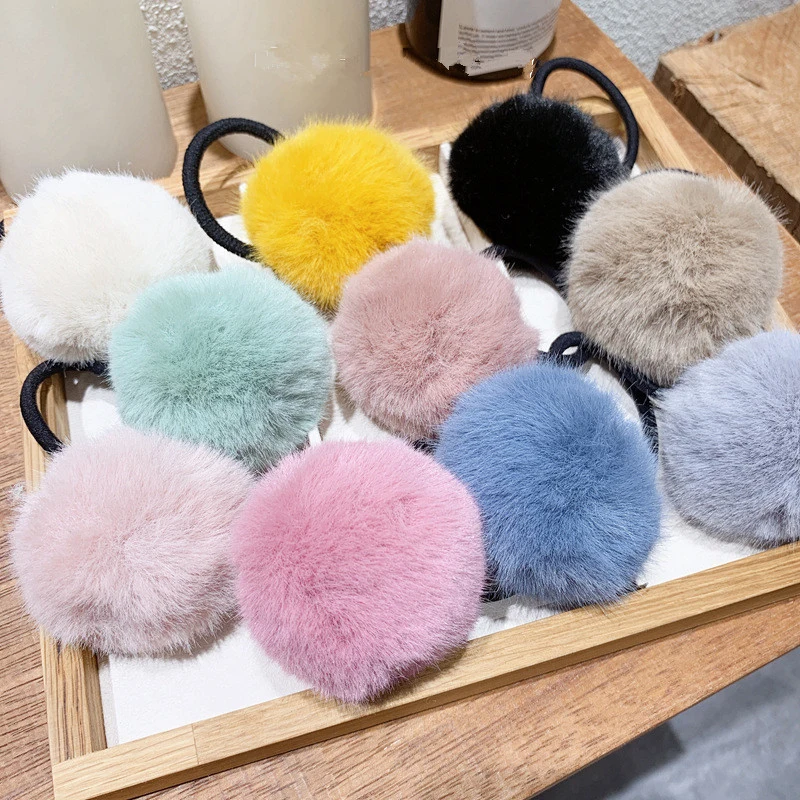 Bandes de caoutchouc élastiques en peluche pour femmes, chouchous en fourrure de lapin, accessoires pour cheveux d\'hiver, grand pompon