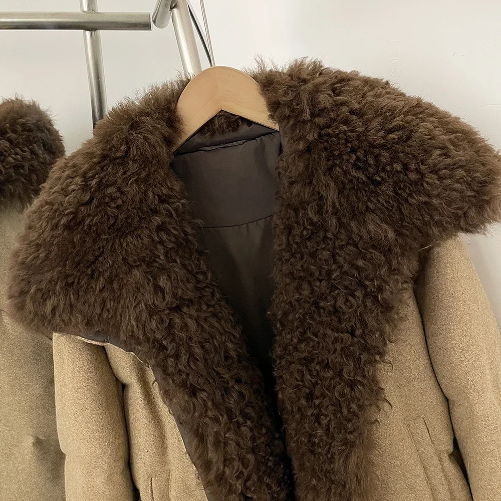 OFTBUY Winter Warmer Kurzer Puffer-Mantel mit Passenden Handschuhen, Wollmischung Daunenjacke mit Echtem Lammfell für Damen – Detail 18