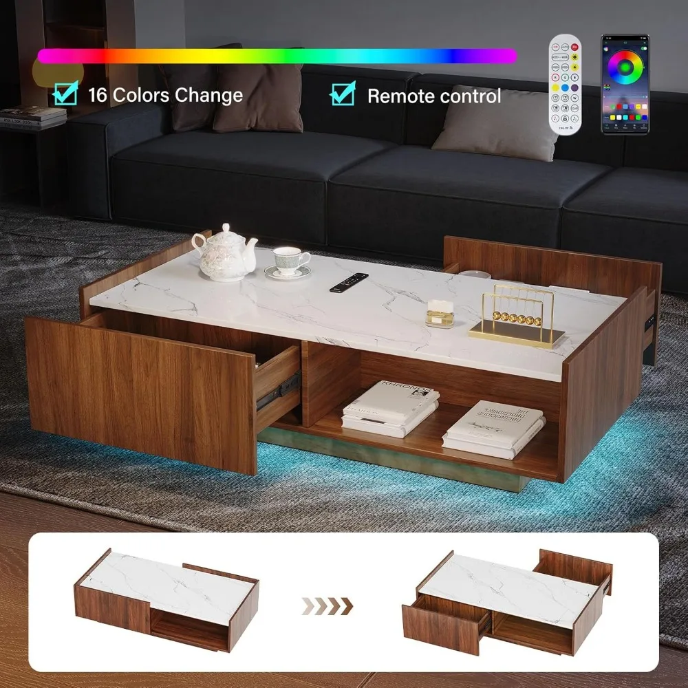 Modern Coffee Table & 65" TV Stand Set of 2, LED Entertainment Center with Power Outlets/Hidden Storage (Walnut Brown Coffee Tab