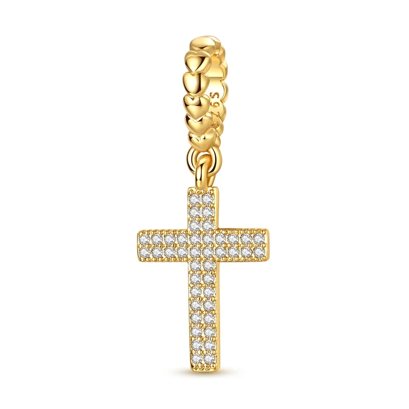

925 Sterling Silver Golden Charms Bead Cross Dangle Fit Original Bracelet DIY Women Jewelry