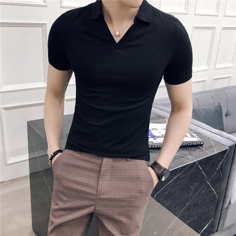 Summer New V-neck Breathable Polo Shirt Men Clothing 2022 Fashion Short Sleeved Slim Fit  Solid Color Tee Tops Streetwear 4XL-M