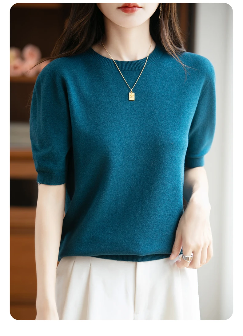 First-Line Ready-To-Wear Sweater Women's 100 Pure Wool Knitted Short-Sleeved T-Shirt Round Neck Thin Sweater Loose Half-Sleeve