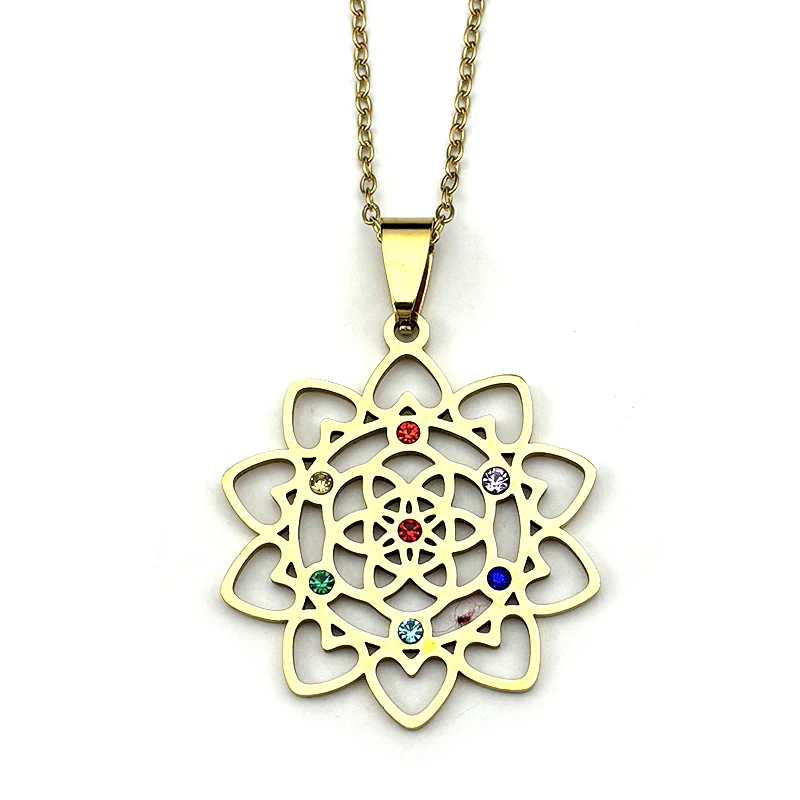 Sacred Geometry 7 Chakra Metatron Heart Necklace Flower of Life Stainless Steel Opal Stone Necklace Reiki Healing Jewelry N6341