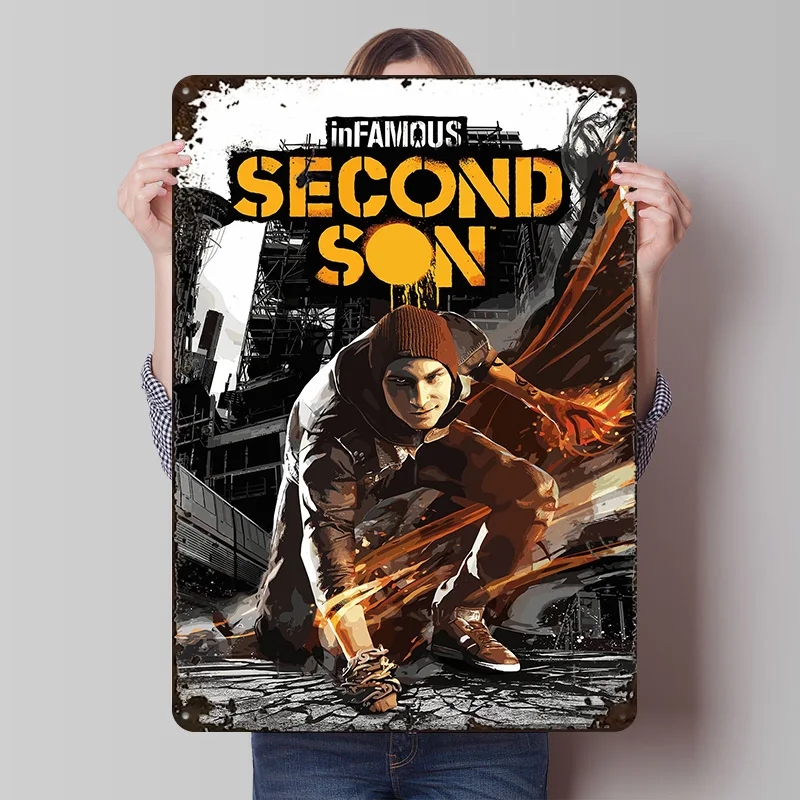 Póster Metálico con Diseño de la Cubierta del Juego Infamous Second Son, Arte de Pared Personalizado, Letreros Metálicos Retro Vintage para Decoración de Cuartos de Hombre