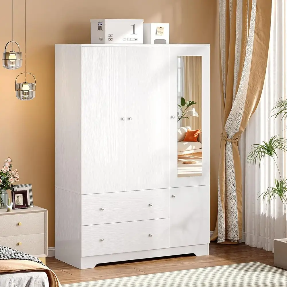 47 Wide Wooden Wardrobe Closet with Mirror and Hanging Rod, 4-Door Storage Cabinet for Bedroom
