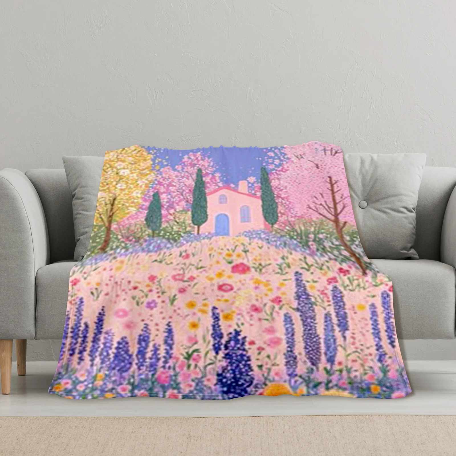 Coperta con paesaggi floreali per la casa degli alberi e il cielo blu per la decorazione domestica tranquilla e regalo unico per gli amanti della natura e gli adulti