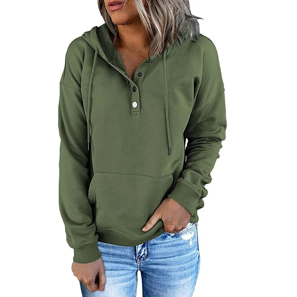

Spring and Autumn Women's Hoodie Solid Color Long Sleeve Button Pullover Top High Street Casual Loose Fashion Sweater