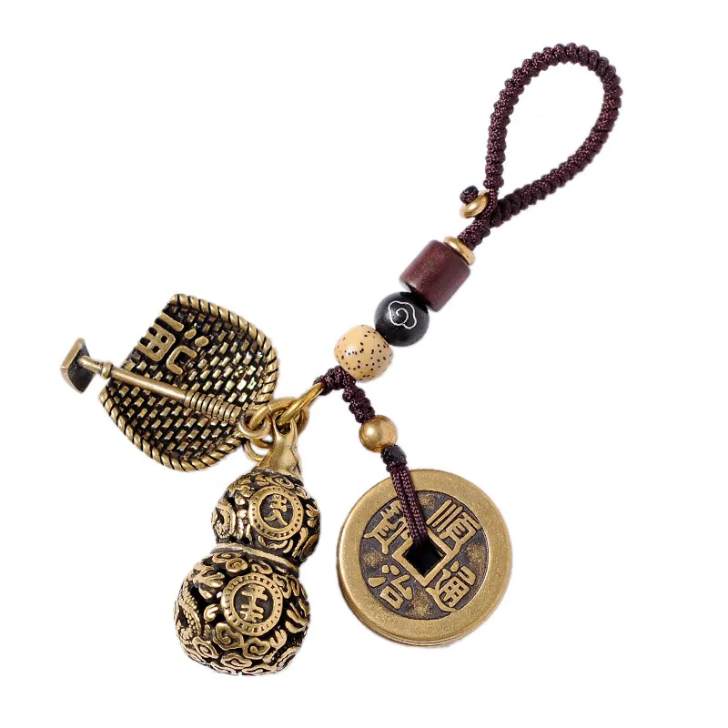 2026 New Style Pure Brass Gourd Dustpan Keychain Pixiu Pendant Car Five Emperor Coin Fortune Lucky Charm Hanging Ornament