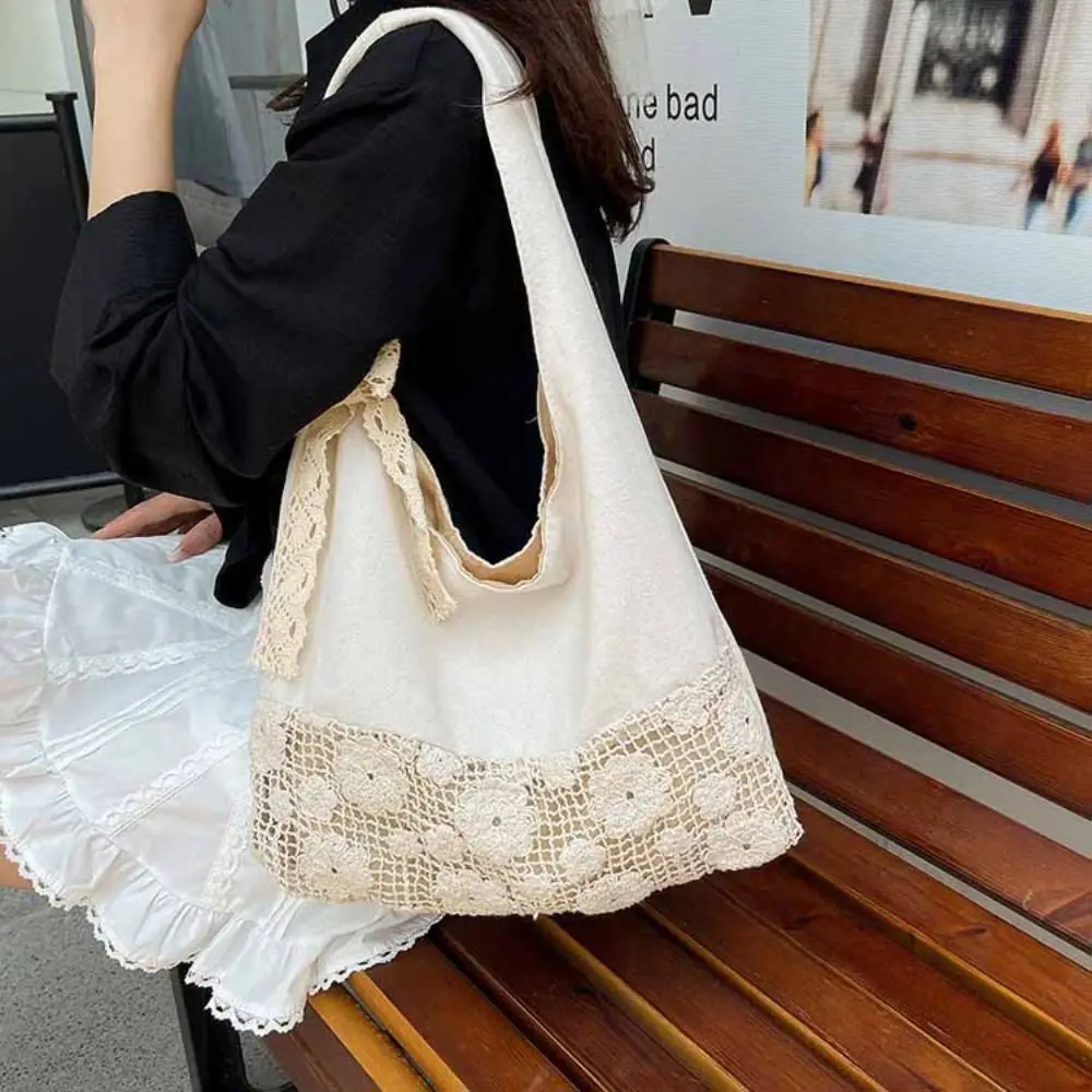 

with Lace Ribbon Solid Color Woven Bag Tote Bag Beach Handbag Flower Beach Bag Large Capacity Hollow Out Hollow Shoulder Bag
