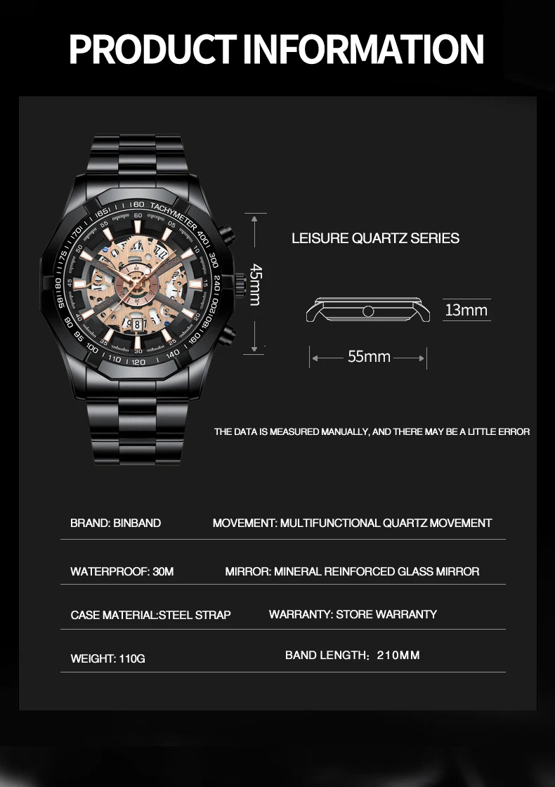 BINBOND 033 New Quartz Watch Men Waterproof Night Light Leisure Business Hollow Watches for Men Relogios Masculino Montre Homme