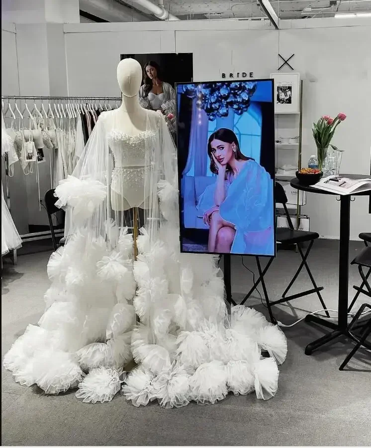 

White Long Tulle Bridal Robe With Handmade Flower Puffy Sleeves Wedding Maxi Gowns Women Dress Jacket Cape custom color