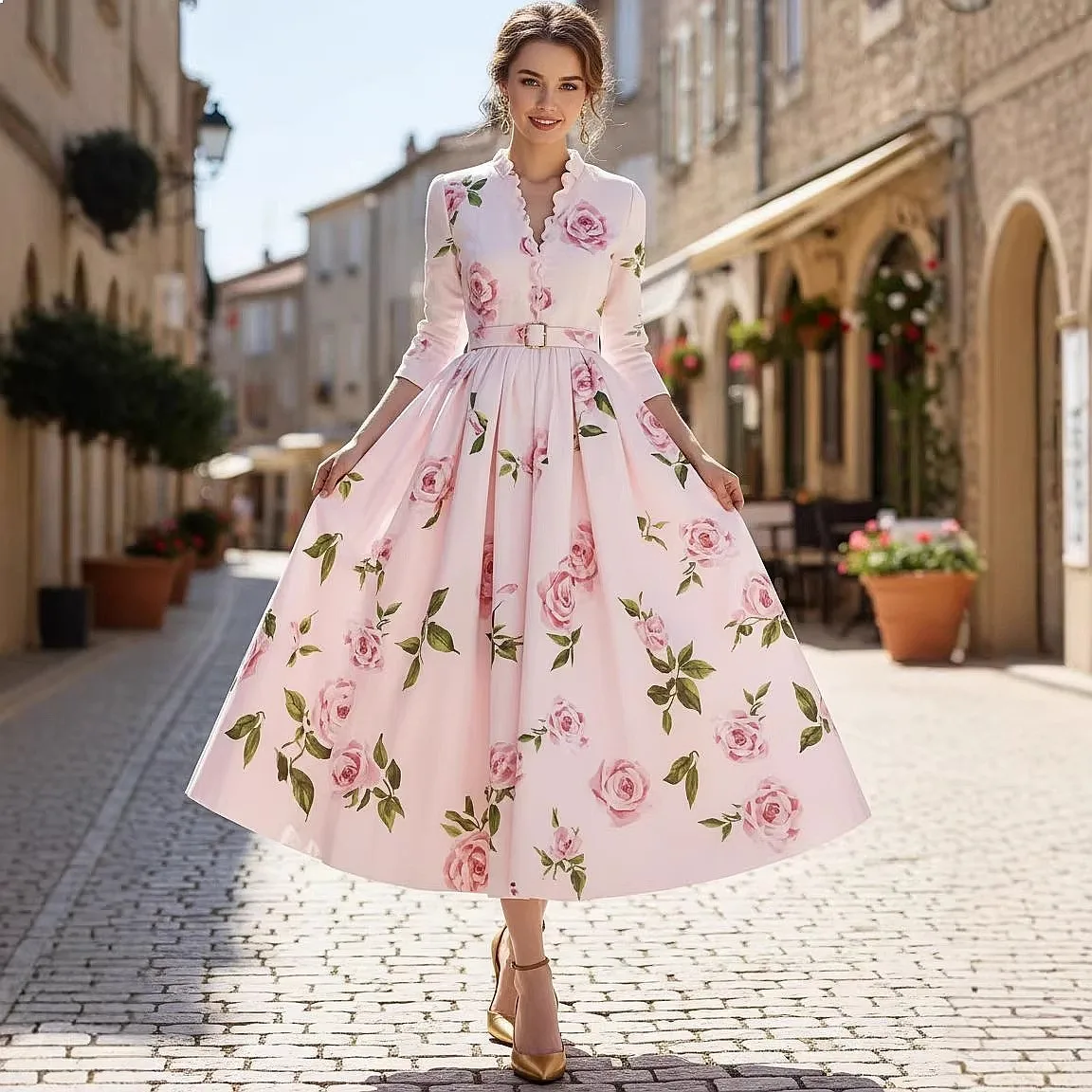 Print V-Neck A-Line Dress Maxi Dress Floral Vintage Elegant Waist Dresses