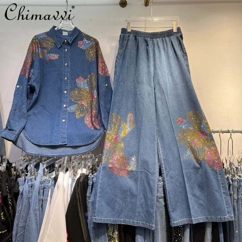 

Fashion Oversized Denim Long Sleeve Shirt Women Autumn Heavy Colorful Rhinestone Floral Slim Straight Pants Set Casual 2Piece