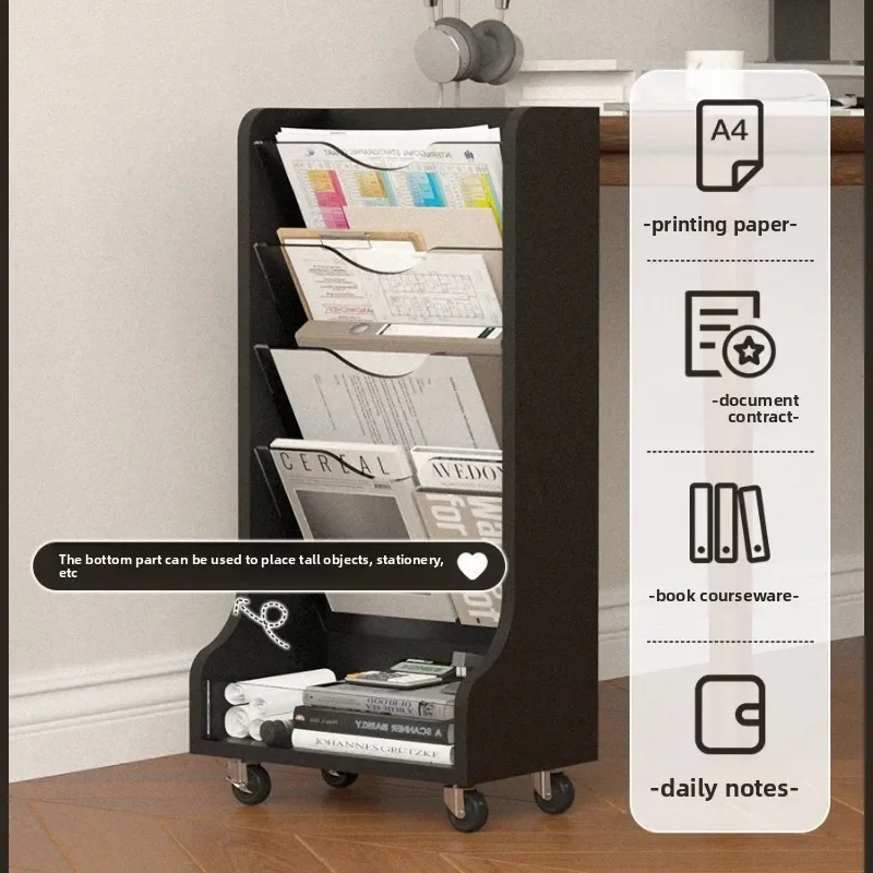 Simple Wooden Bookcase with Wheels Mobile Floor Shelf Magazine Rack for Kids Picture Books Bedroom Living Room Display Stand