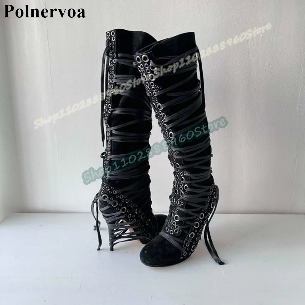 

Sexy Knee High Black Flock Narrow Strip Boots Thin High Heel Shoes For Women Cross Tied Round Toe Stylish Occidental Style Boots
