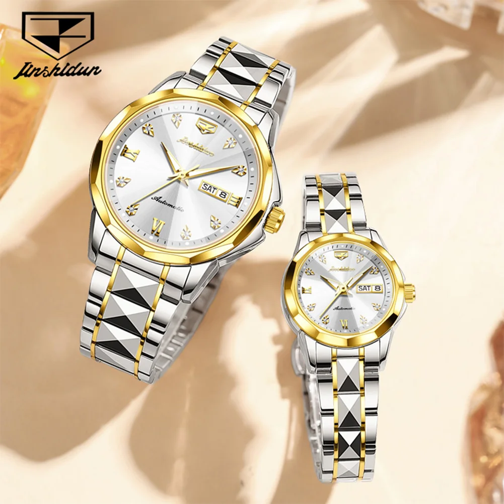 

JSDUN 8995 Couple Imported Mechanical Movement Watches Diamond Shaped Calendar Window Stainless Steel Waterproof Watches