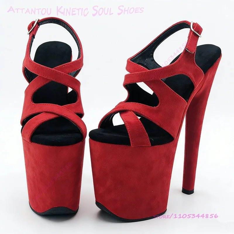 Bright Red Suede Cross Over Openwork Sandals 20cm Corduroy Pink Platform 8 Inch Heels Cute Girl Sweet Buckle Pole Dancing Shoes