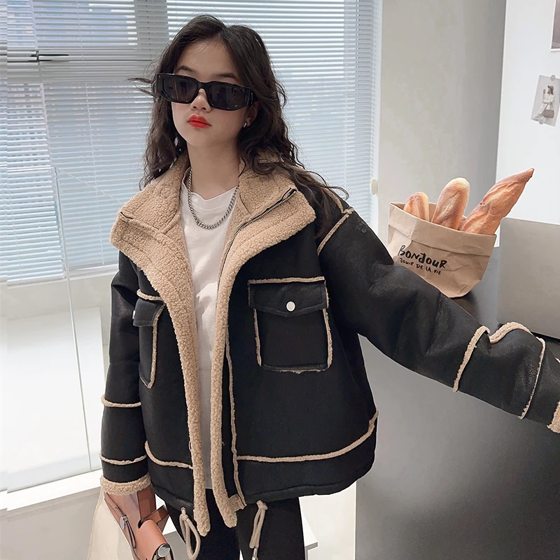

Winter Warm Plush Denim Jacket Girls Denim Lamb Wool Black Jacket Long Sleeves Children Clothes CH199