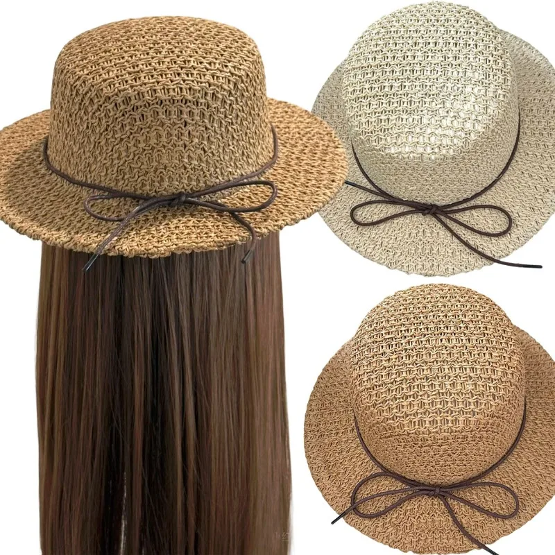 

Sweet Hollow Straw Sun Hat Woven Straw Caps Flat-top Cap for Women Summer Beach Outdoor Travel Sun Hat Large Brim Fisherman Caps