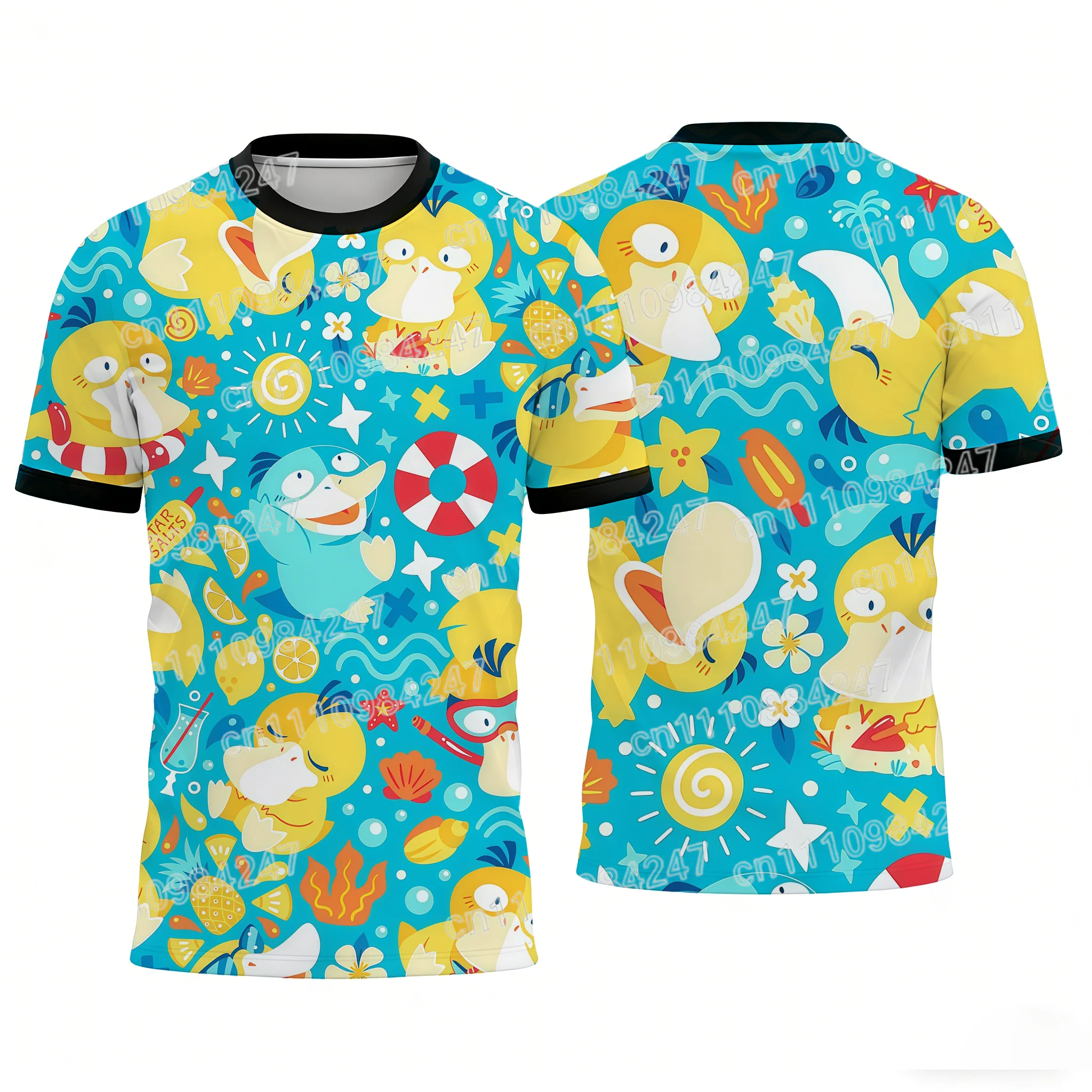 2026 Neue Psyduck Pokemon Sommer-T-Shirts für den Strandurlaub mit Allover-Print, lässige Kurzarm-T-Shirts, Unisex-Oberteile, Sommer-Streetwear