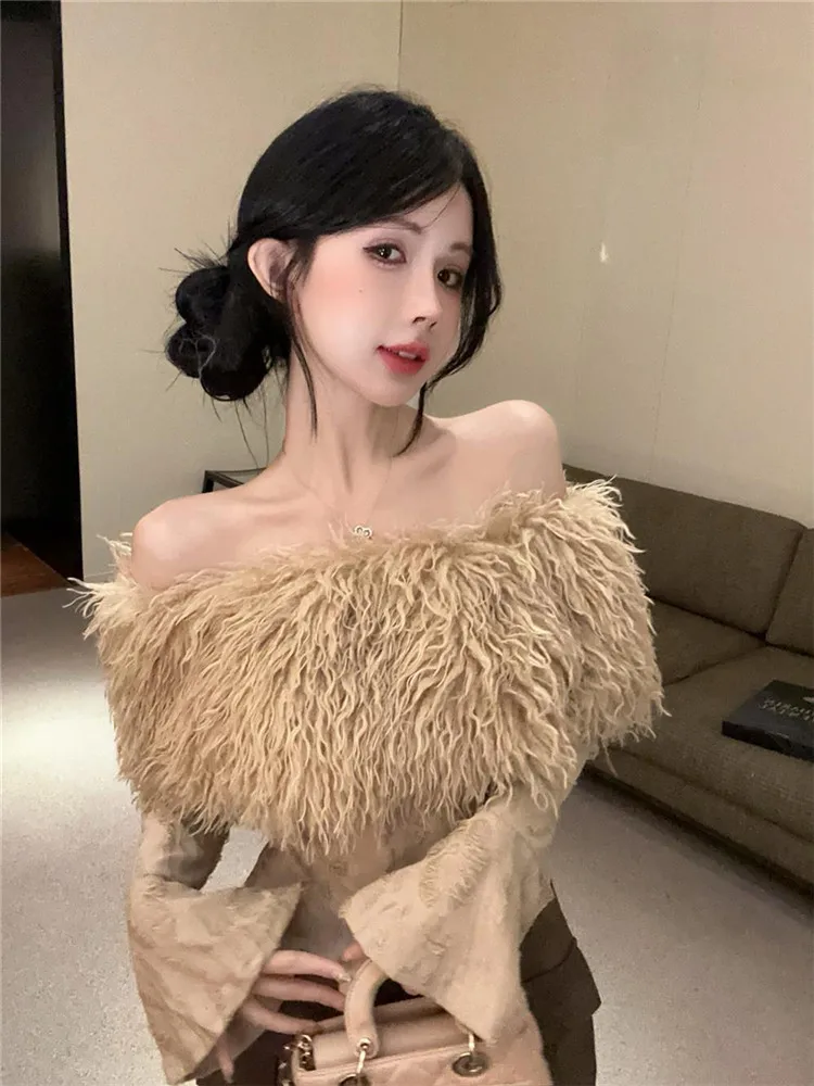 Black Khaki Fur Patchwork Slash Neck Slim T Shirt 2025 New Fall Chic Flare Sleeve Top Off Shoulder Long Sleeve Bottoming Shirt