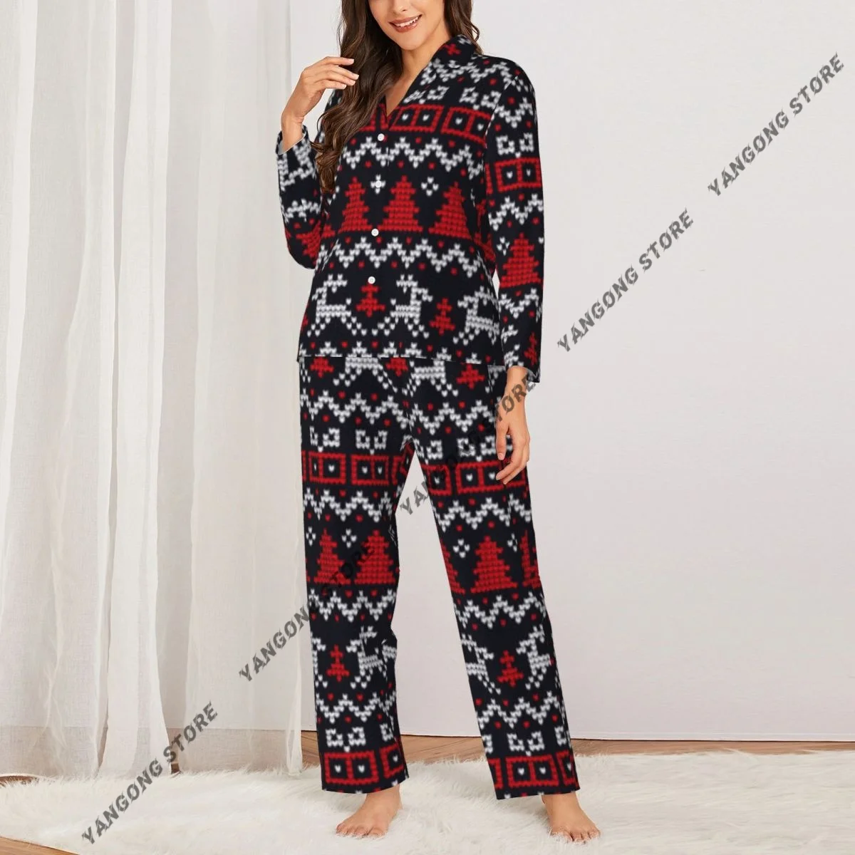 Women Sleepwear Loungewear Christmas Knitting Sweater Pattern Long Sleeve Lapel Neck Shirt and Elastic Waist Pants Pajamas Set