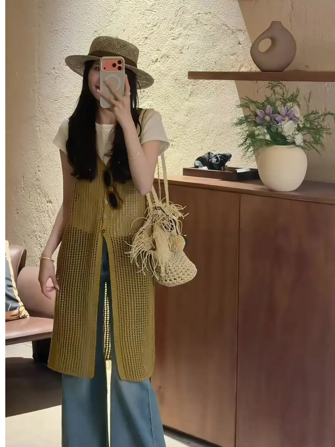 

Retro Hollow out Long Knitted Cover up Vest Dress T-Shirt Two Piece Set Women's Fashion Summer Outfit High Waist Midi Skirt