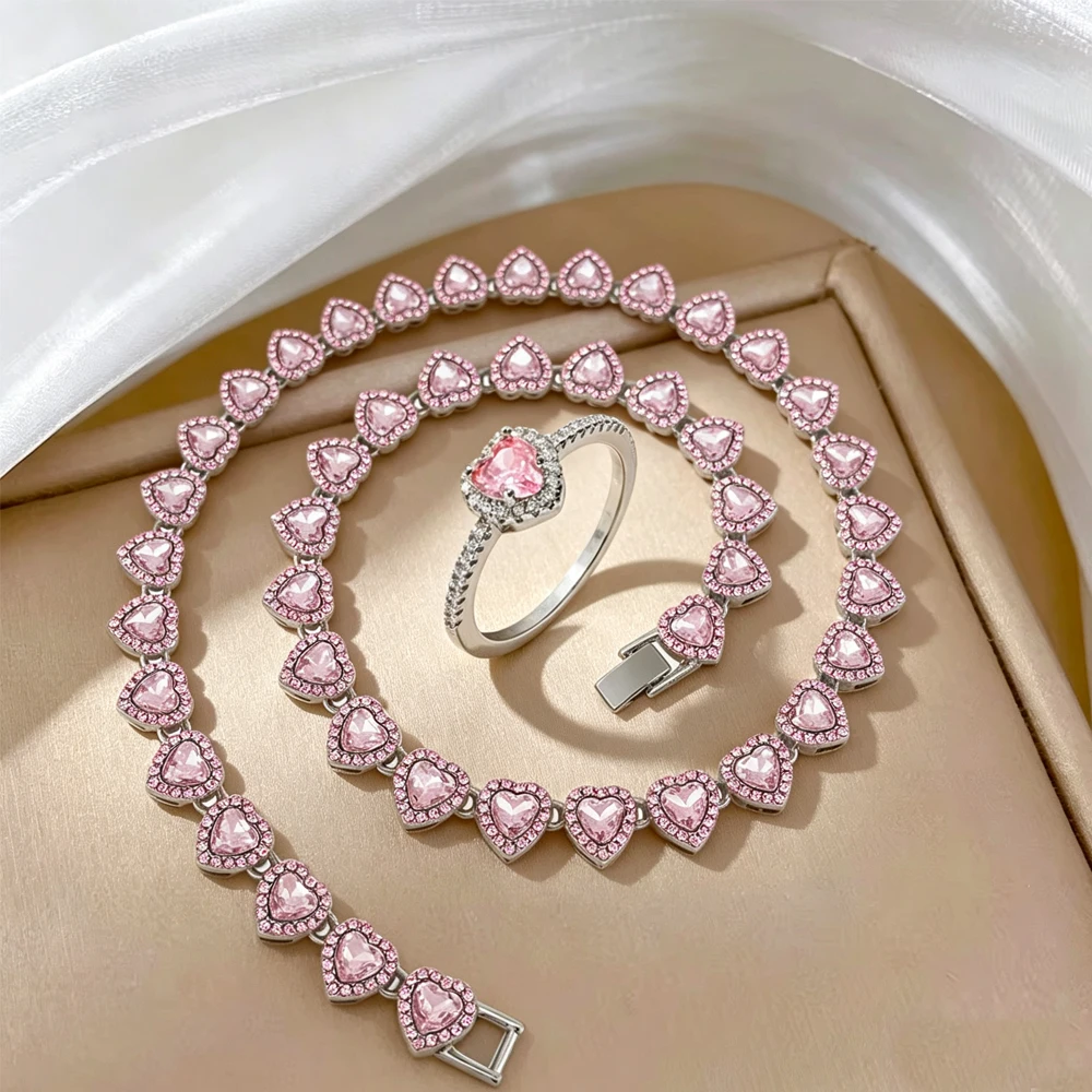 ZAKOL 2-teiliges Set Rosa-Weißes Herzförmiges Strass-Halsketten-Ring-Set Glänzender Zirkon Süßer Romantischer Schmuck Geschenk für Frauen Mädchen – Detail 5