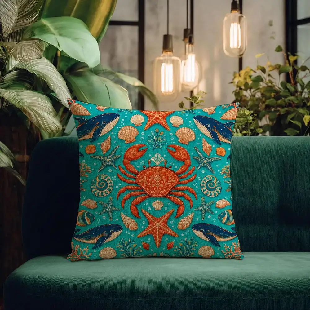 Pattern Aquatic Creature Pattern Cushion Cover Natural Linen Pillowcase Set Cushion Cover for Sofa Bedroom Chair