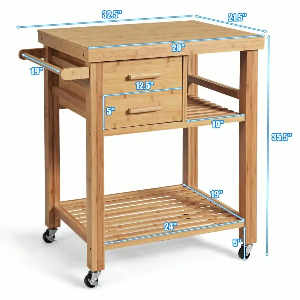 Kitchen Trolley Cart Wood Rolling Island w/ Tower Rack Natural