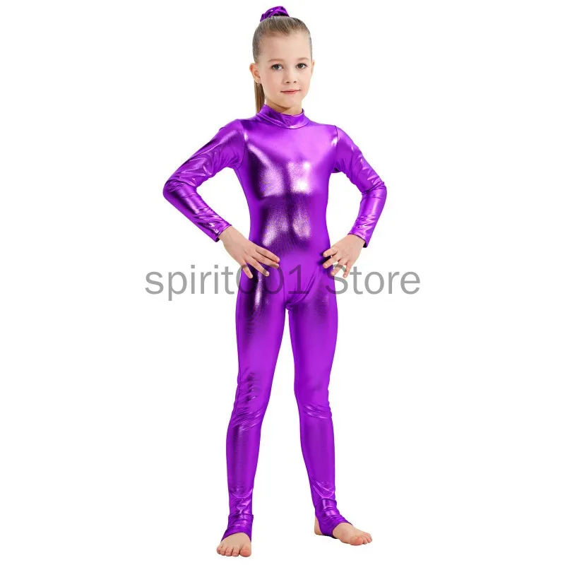 

Girls Shiny Long Sleeve Metallic Dance Unitards with Stirrups for Stage Performance Show Gymnastics Leotards Costume