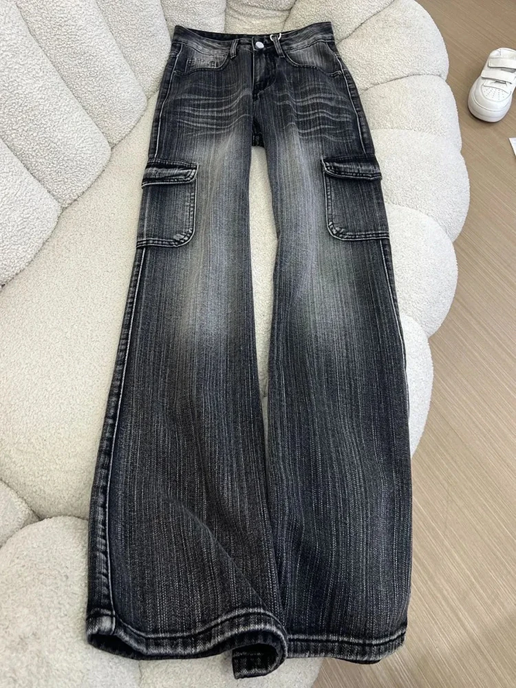Vintage Casual Bootcut Jeans Women Loose Casual Pockets High Waist Denim Pants Preppy Female Spring Retro Wide Leg Trouser New