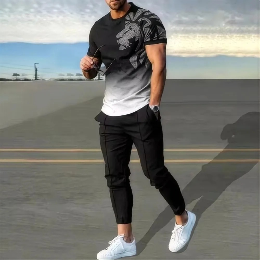 Fashionable new men's summer animal print breathable round neck T-shirt and pants set outdoor comfortable two-piece set