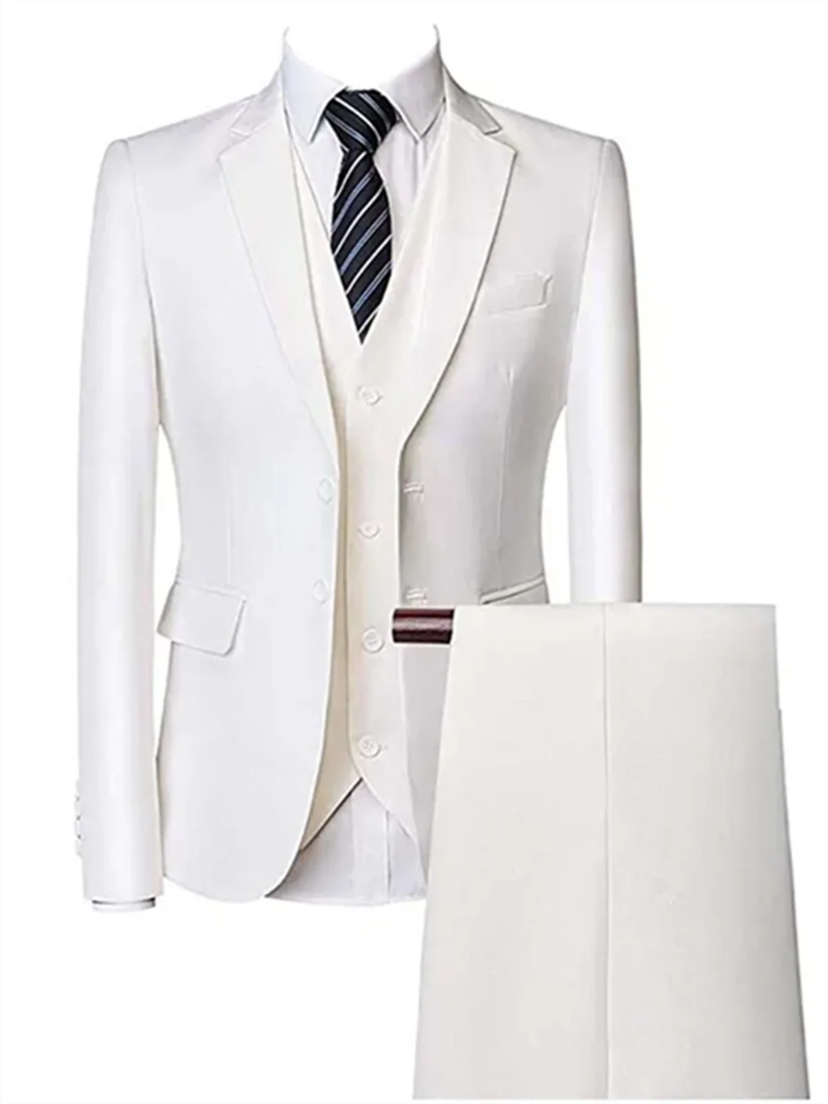 3 Pieces White Men\'s Slim Fit Two Buttons Suit Jacket Waistcoat Trousers Suit Set