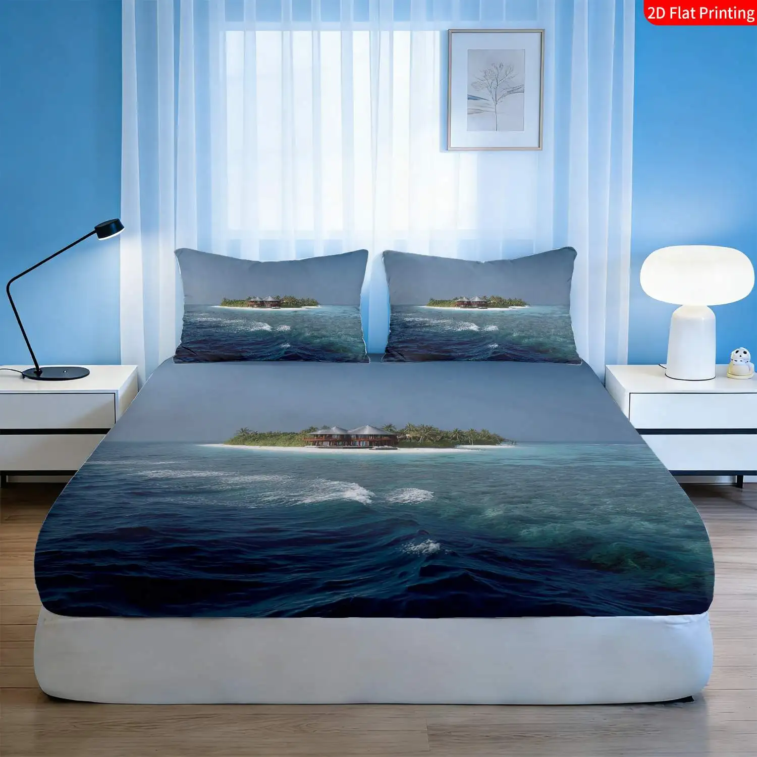 Tropical Island Bedding Set Palm Tree and Water Hut Print Bed Sheet with Pillowcases Blue and White Three-Piece Bedding Set (Includes 1 Fitted Sheet + 2 Pillowcases) 3-Piece Set, Deep Pocket 2D Printed Fitted Sheet and 2 Pillowcases, Mattress Protector, Fitted Elastic Style, Protective Cover, Mattress Protector, Suitable for All Seasons, Machine Washable Design, Holiday Decoration, Various Sizes, Breathable Protective Cover with Pillowcases