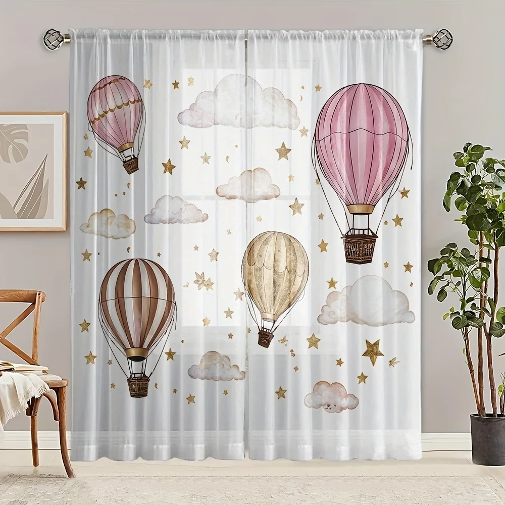 1PC Pink Hot Air Balloon Sheer Curtains - Dreamy Cloud & Star Print Window Drapes for Kids Bedroom Nursery Decor