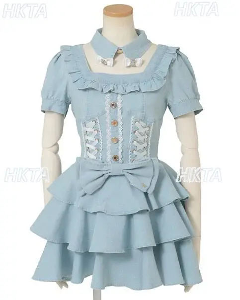 Japanese liz removable collar waist cake denim dress short skirt autumn new short-sleeved dress sweet girls lolita two piece set - view 4