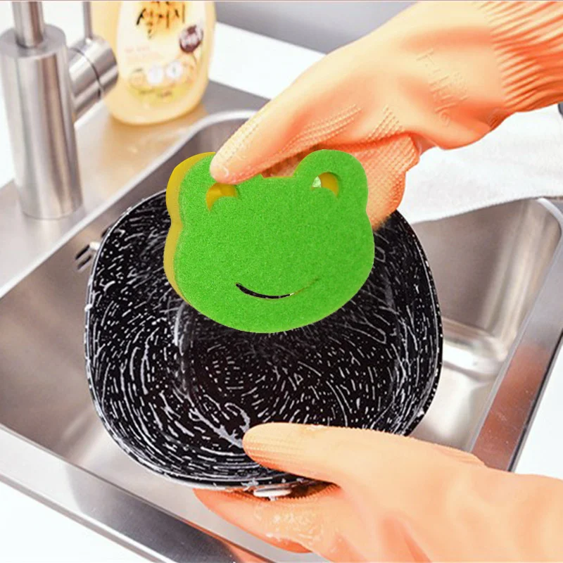 4Pcs Dishwashing Sponge Brush Frog Shape Creativity Soft Powerful Scouring Kitchenware Cleaner Household Bathroom Cleaning Tools