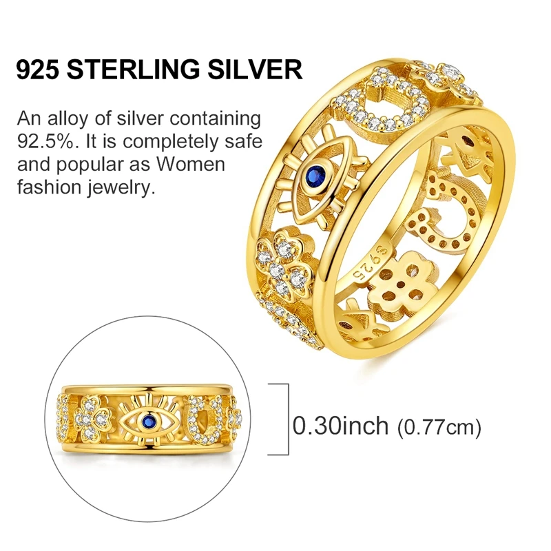 Gold Plated 925 Sterling Silver Evil Eye Adjustable Ring, Gift