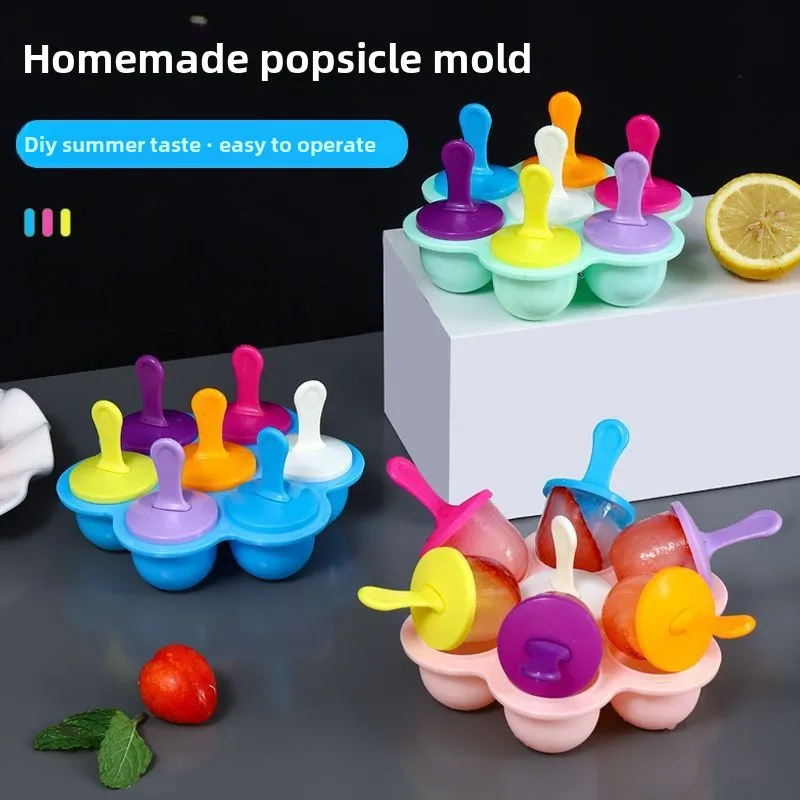 7-hole Creative Spherical Children's Popsicle Mold with Handle Food grade Cute DIY Ice Cream Ice Cube Popsicle Mold for Home Use