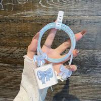 Cute 3D Blue Bow Cable Charger Protector Cover for iPhone 18W/20W 15 14 Original Charger Data Line Spiral Winder Protective Case