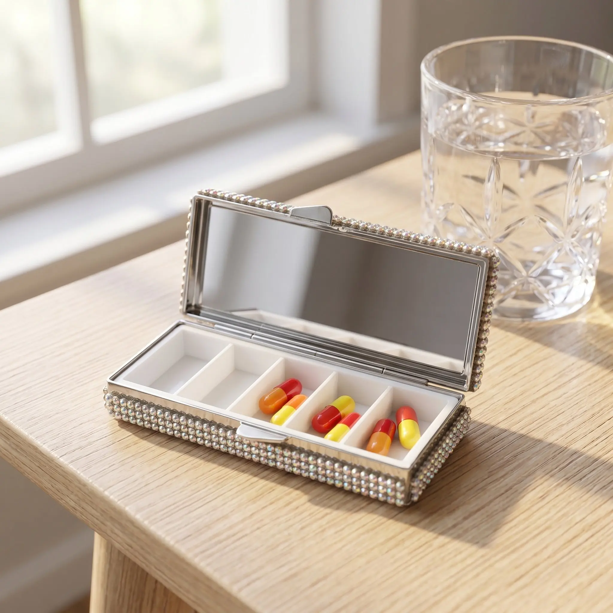 6 Compartment Small Pill Organizer Bling Rhinestone Aluminum Alloy Portable Travel Medicine Box Keychain Daily Pill Organizer
