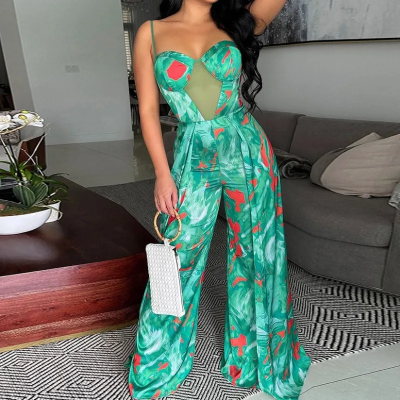 

KEXU Printed Sleeveless Pleated Strapless Wide Leg Long Jumpsuits Women 2024 Summer Beach Fashion Street Sexy Outfit Rompers