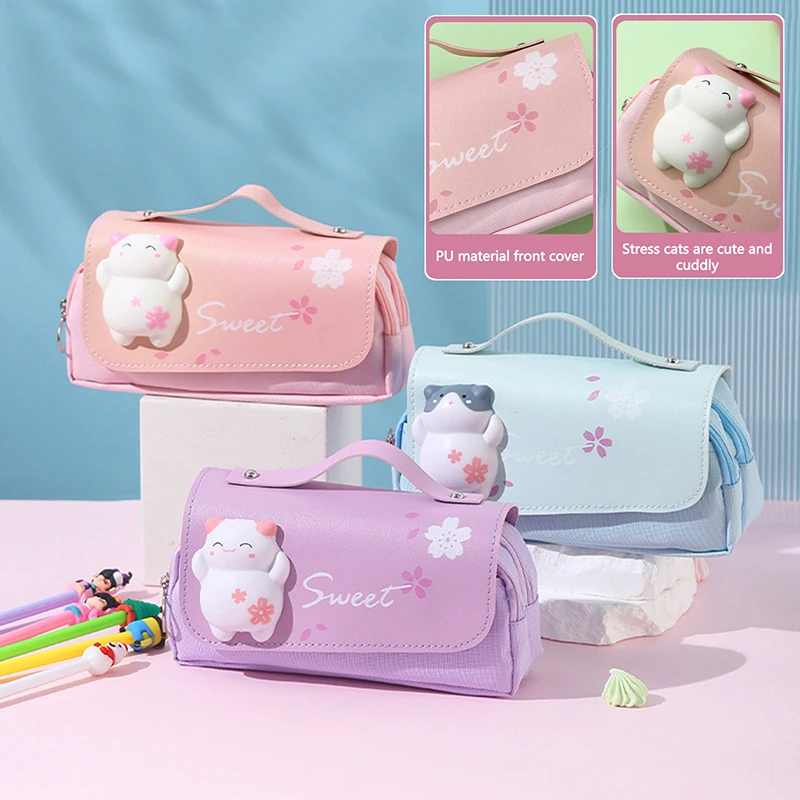 

Cute Cat Large Capacity Stress Relieving Pencil Case Big Pencil Box Portable Girls Pen Bag Double Layer School Pouch Kawaii Bag