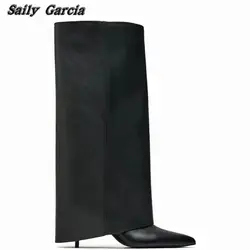 Botas de pantalón sexis negras de cuero genuino para mujer Otoño/Invierno nuevas botas hasta la rodilla de moda INS botas elásticas sin cordones con punta estrecha