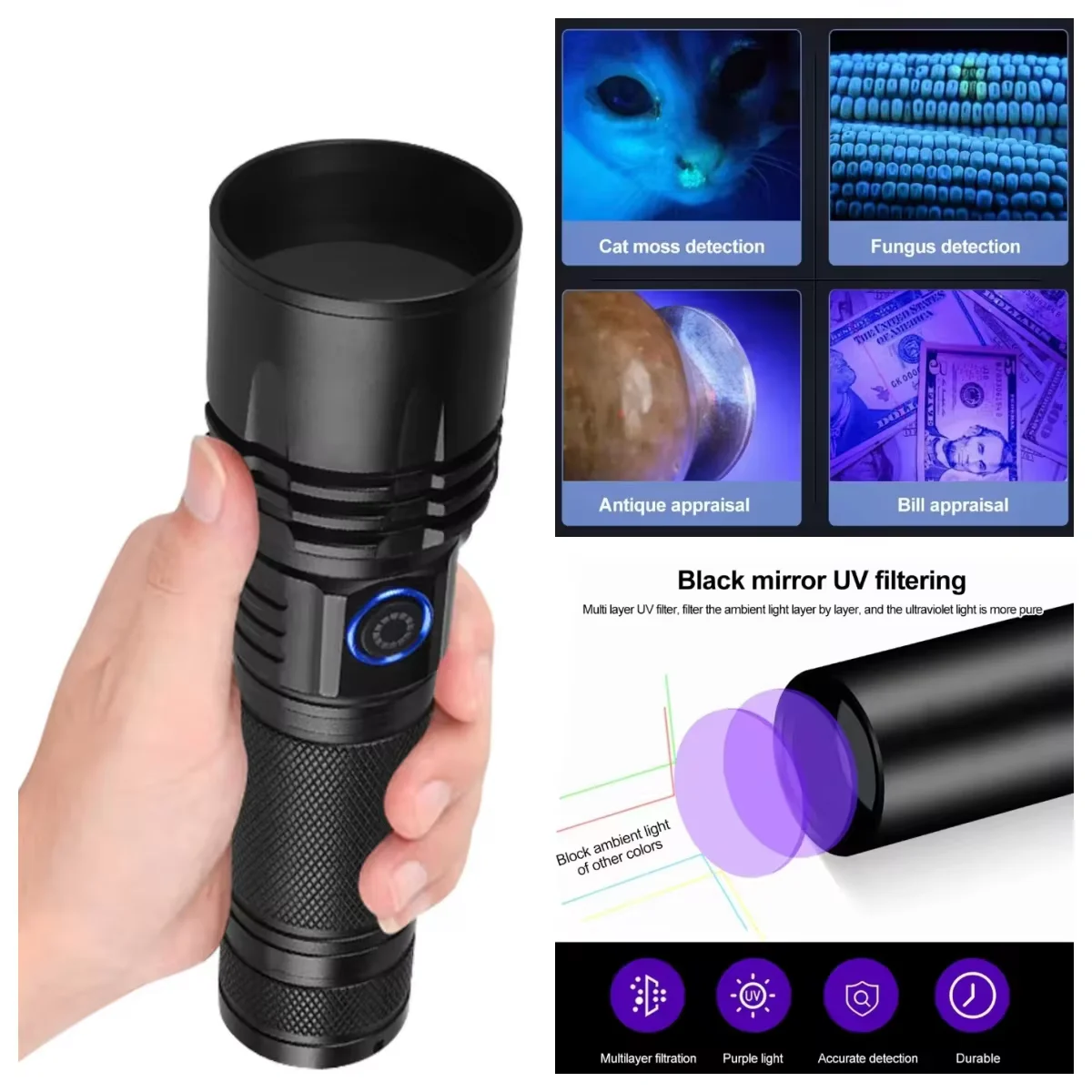 20W UV Black Light 365nm Woods lamp USB Rechargeable Filtered LED Ultraviolet Flashlight Pet Pee Urine Rocks Gem Money Detector