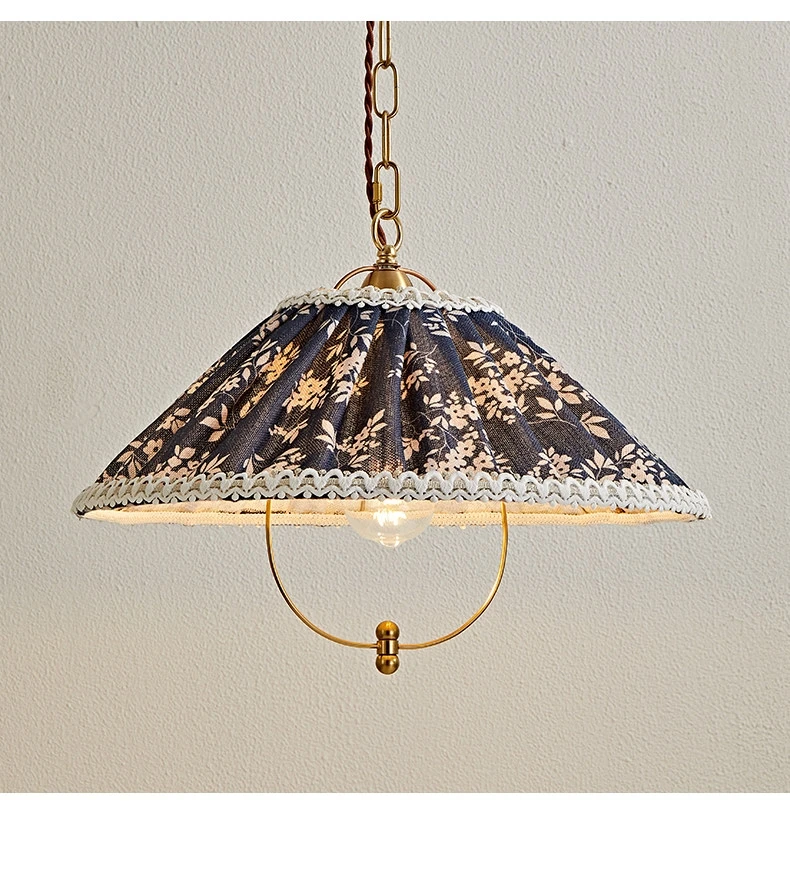 Vintage Navy Floral Cloth Pendant Lamp French Cottage Lace Trim Brass Hanging Ceiling Light For Window Dining Room