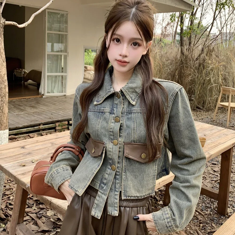 Streetwear Vintage Patchwork Short Jeans Coat Female Y2k Cropped Denim Women Harajuku Korean Slim Casual Pocket Outerwear